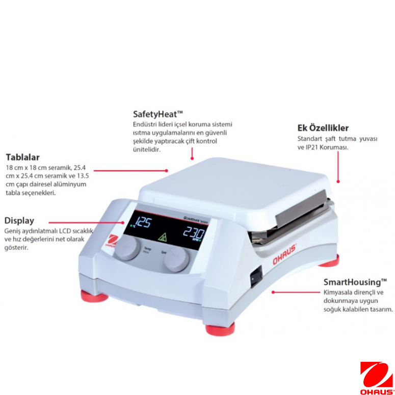 Ohaus Isıtıcılı Manyetik Karıştırıcı e-G71HS10C (80-1600 rpm / Ort. Sıc. +5-500°C 18 L 25.4 x 25.4 cm Seramik Dijital )